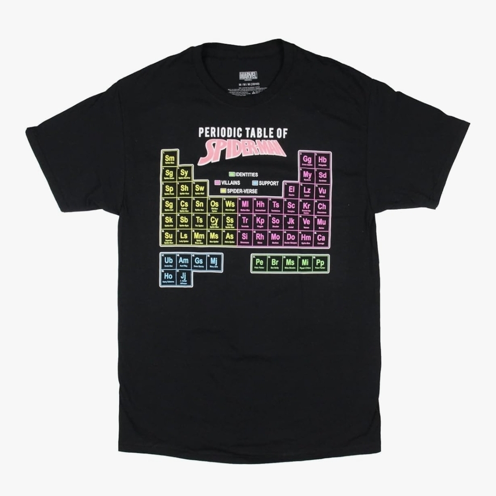 NWT Marvel Spider-Man Periodic Table Of Spider-Man T-Shirt Tee (Large) Black